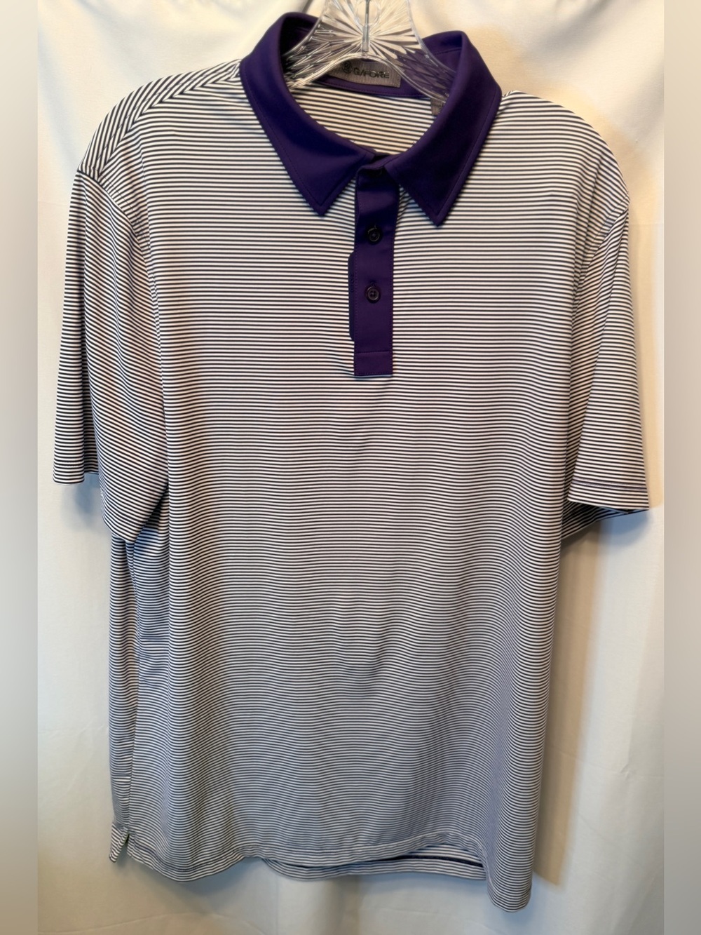 G/FORE Men’s Size Large Feeder Stripe Fine Tech Jersey Polo Purple White Stripe